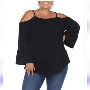 White Mark Women's black long sleeve off the shoulder strappy top ruffles Large
